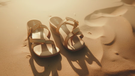 Women's sandals on the sand. Selective focus. nature.の素材