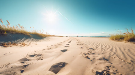 Beautiful seascape. Footprints on the sand dunes.の素材
