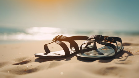 flip flops on the beach at sunset - vintage filter effectの素材