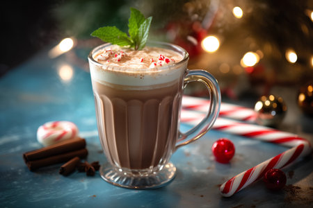 Hot chocolate with whipped cream and christmas decoration. Selective focus.の素材