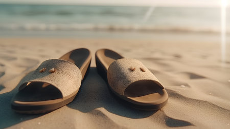 Pair of sandals on the beach at sunset. Shallow depth of fieldの素材