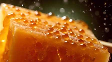 Close up view of a slice of orange with water droplets.の素材
