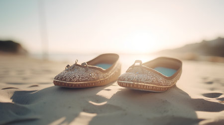 Pair of sandals on the beach in the sun. Selective focus.の素材