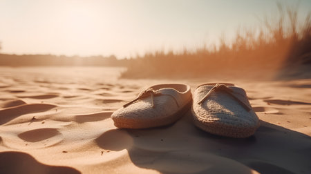 pair of sandals on a beach in the rays of the setting sunの素材