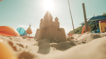 Sand castle on the beach. Summer vacation concept. Selective focus.の素材
