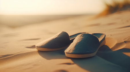 Pair of slippers on the sand dunes at sunset.の素材
