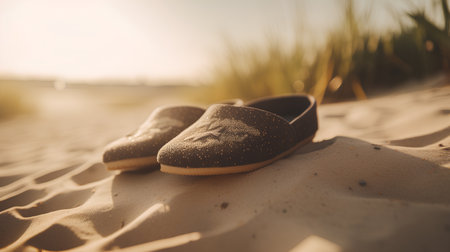 shoes on the sand of the beach in the rays of the setting sunの素材