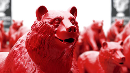 3d rendering of a red bear in front of many other bearsの素材