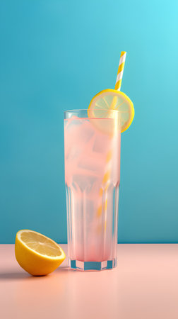 Cocktail with lemon on a blue background. 3d renderingの素材