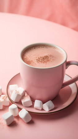 Cup of hot chocolate with marshmallows on pink background.の素材
