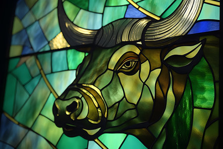 Stained glass window depicting the head of a bull in the style of stained glass.の素材