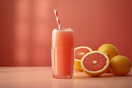 Grapefruit juice in a glass with a straw on a red backgroundの素材