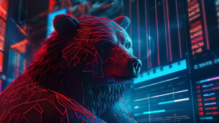 3D rendering of a bear in front of a stock exchange chartの素材