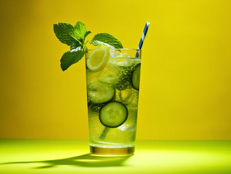 Cocktail with cucumber, mint and ice on yellow backgroundの素材