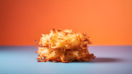 Fried shredded pork on blue and orange background. Close up.の素材
