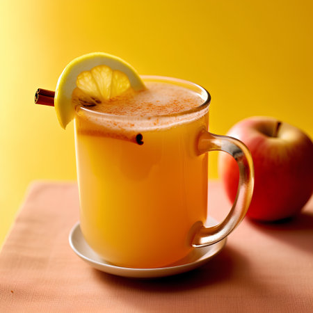 Mulled wine with cinnamon, apple and lemon on yellow backgroundの素材