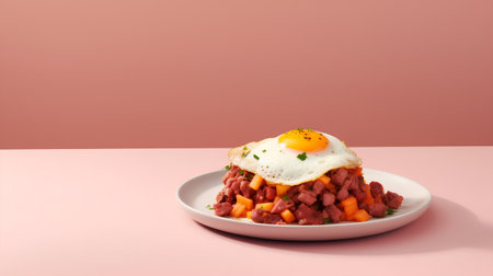 Beef tartare with fried egg on white plate on pink backgroundの素材