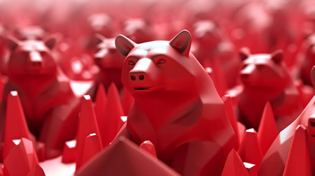3D rendering of a red bear surrounded by red origami bearsの素材