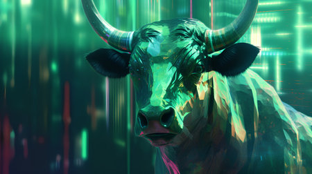 Digital illustration of a bull head in neon light. 3D renderingの素材