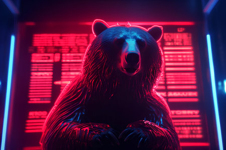 3d illustration of a bear in neon light on the background of the computer screenの素材