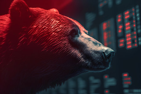 Bear looking at stock market data. Red background. 3D renderingの素材