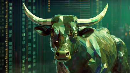 Abstract low poly image of a bull on a green background. 3d renderingの素材