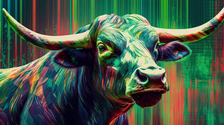 Portrait of a powerful bull on abstract colorful background. Digital illustration.の素材