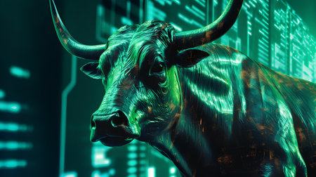 Head of a bull on the background of binary code. The concept of the stock market.の素材