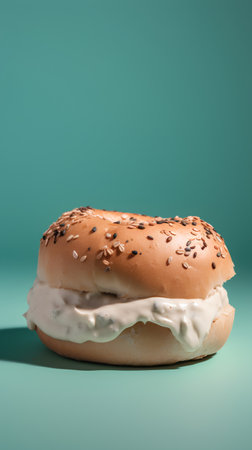 Bagel with cream and sesame seeds on a green backgroundの素材