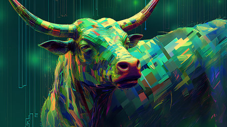 Abstract digital illustration of a bull head in the style of glitch.の素材