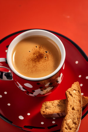Cup of coffee with croutons on a red background.の素材
