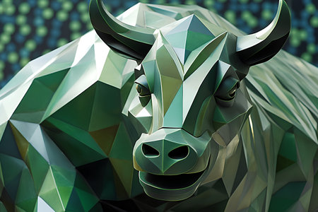 3d rendering of a bull head on a background of a green wallの素材