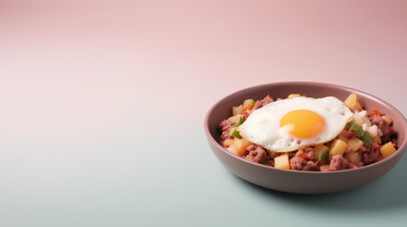 Bowl of rice with meat, egg and vegetables on pink backgroundの素材