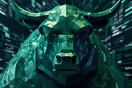 Abstract low poly bull head on digital background. 3d render illustrationの素材