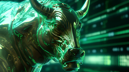 3D rendering of a metal bull on a green background with binary codeの素材