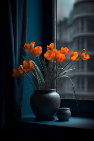 Orange tulips in a vase on the windowsill. 3d renderingの素材