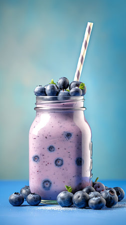 Blueberry smoothie in glass jar with straw on blue background.の素材