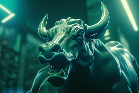 Bull in the stock market. 3d illustration. Conceptual image.の素材