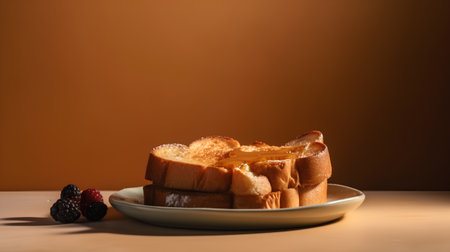 French toast with butter and berries on wooden table with orange background.の素材