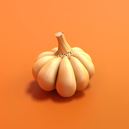 3d illustration of a whole garlic on an orange background with shadowの素材