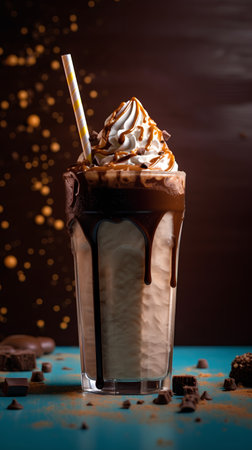 Chocolate milkshake with whipped cream and chocolate pieces on a dark background.の素材