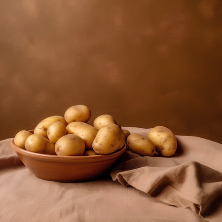 Potatoes in a clay bowl on a brown background with copy spaceの素材