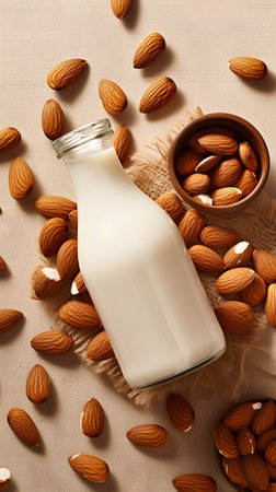 Almond milk in a glass bottle and almonds on sackcloth backgroundの素材