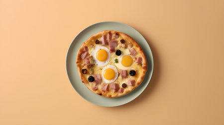 Top view of pizza with egg and ham on plate on orange backgroundの素材