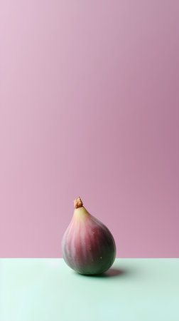 One whole fresh fig fruit on pastel pink and blue background with copy spaceの素材