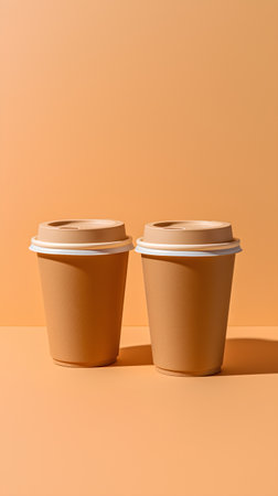 Two paper coffee cups on orange background. 3d render illustration.の素材