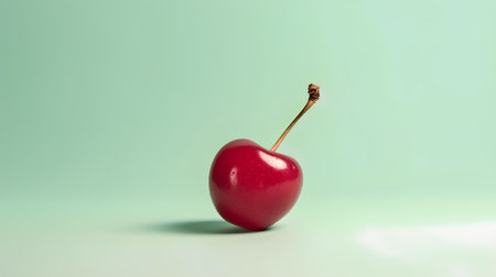 Red cherry on pastel green background. Minimal food concept.の素材