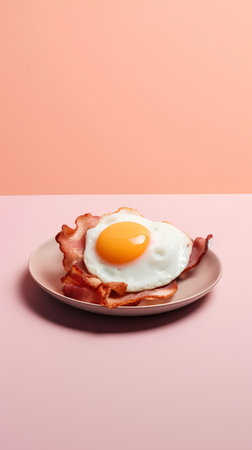Fried egg with bacon on plate on pink background. Minimal food concept.の素材