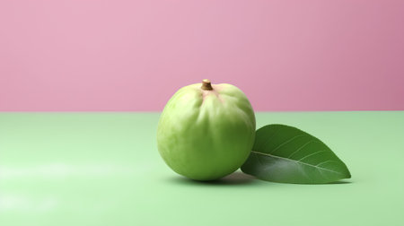 Whole and half of fresh green fig fruit with leaves on green and pink backgroundの素材