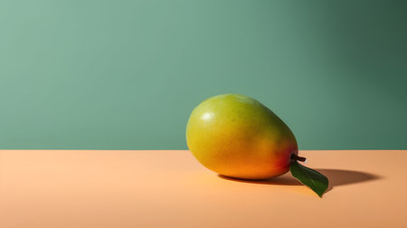 Mango with leaf on orange and green background, with copy spaceの素材
